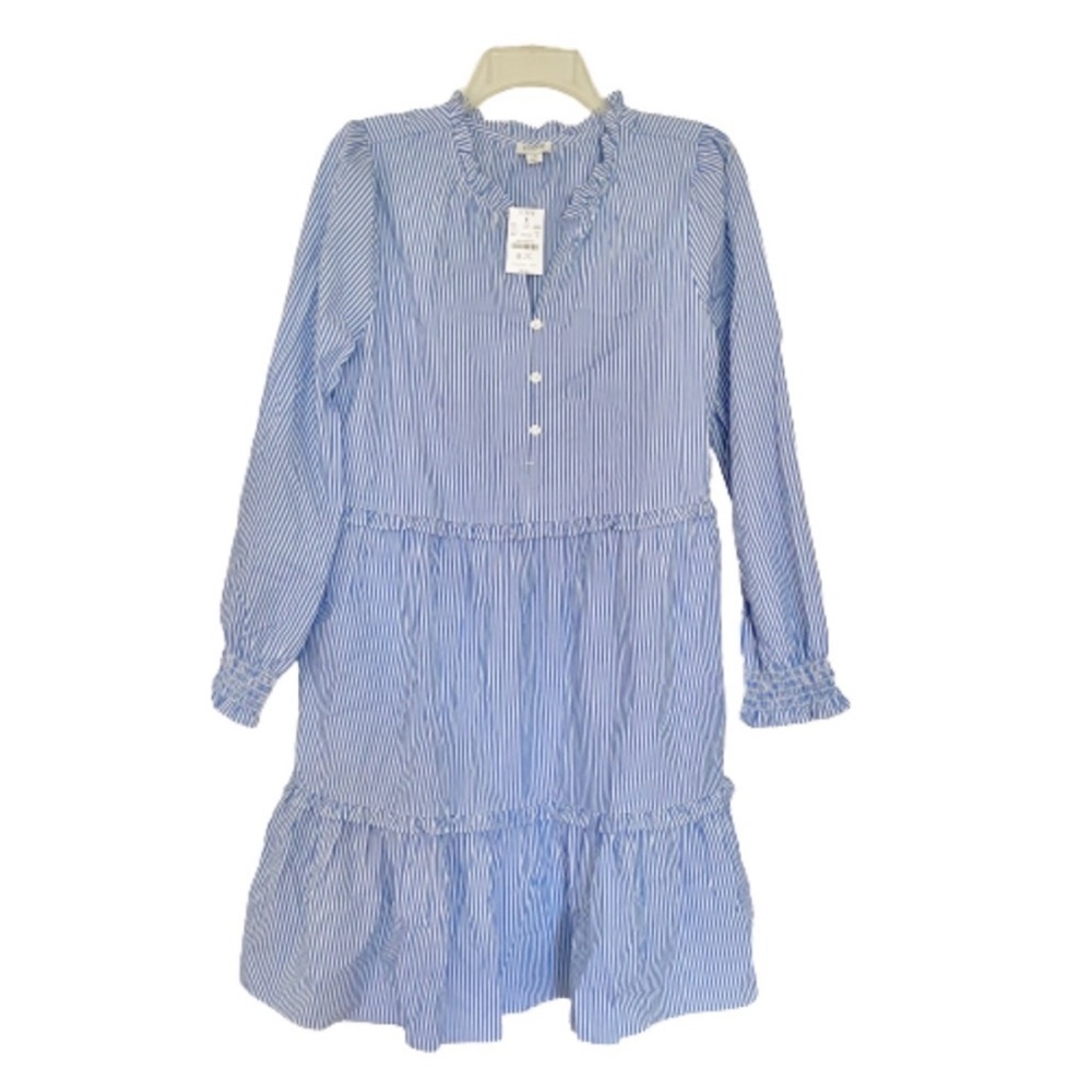 NWT J. crew Factory Blue White Ruffled Striped Poplin tiered dress 10